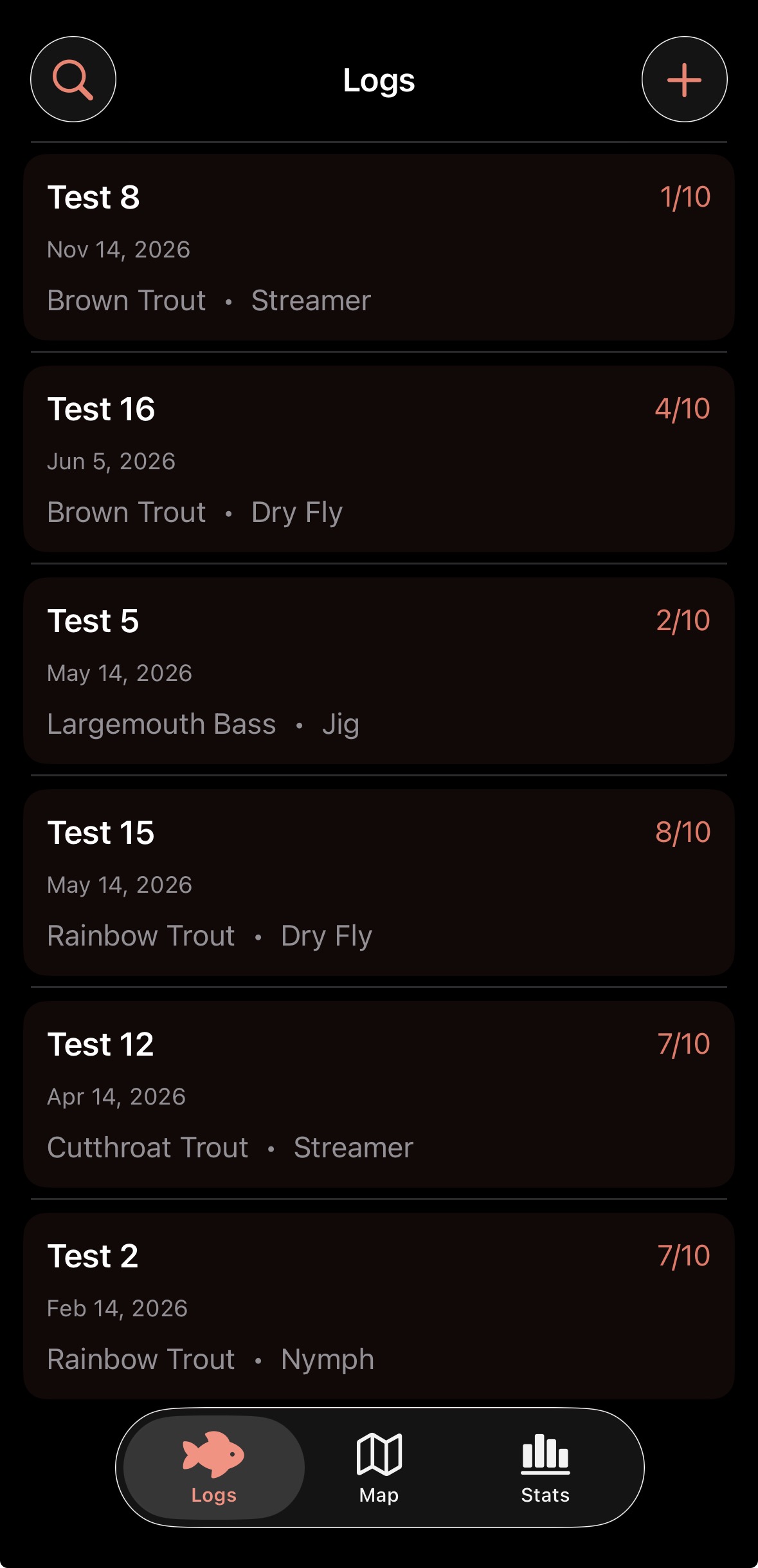 List of fishing logs in iOS app.